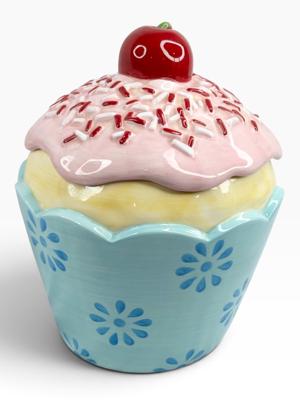 Pier 1 Imports 10” Tall  Cupcake Cookie Jar With Sprinkles & A Cherry On Top
